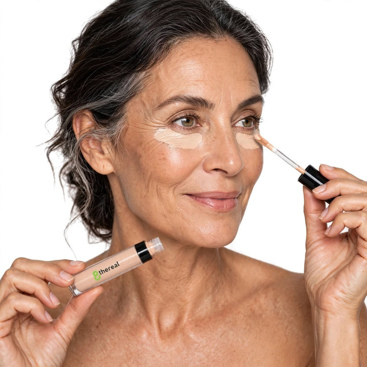 Mature woman applying 8thereal cream concealer under her eyes with a doe-foot applicator for a natural finish.