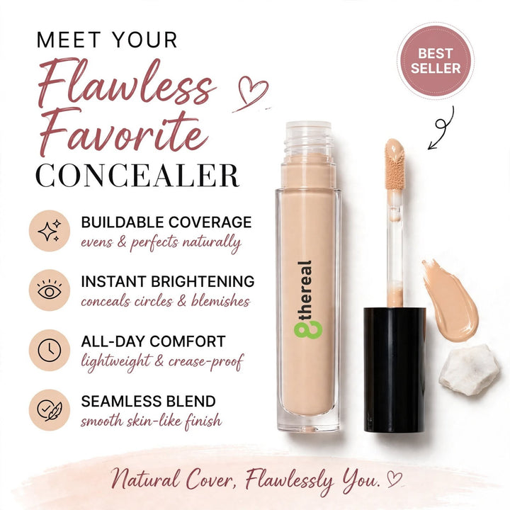 8thereal cream concealer in a clear tube with a doe-foot applicator, showing a beige swatch and product benefits.