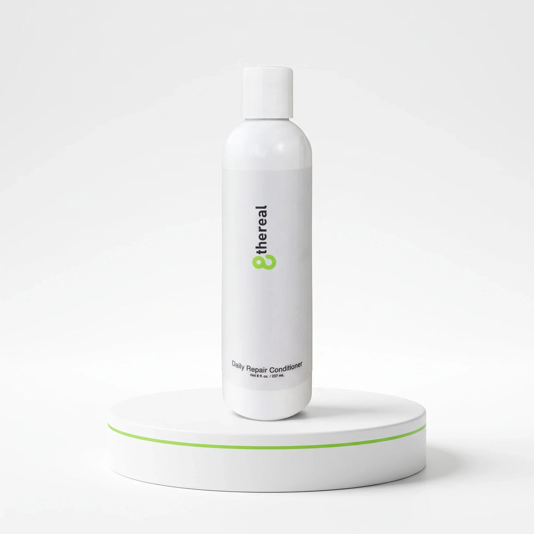 8thereal Daily Strengthening Repair Conditioner in a white 8 fl. oz. bottle on a white pedestal.
