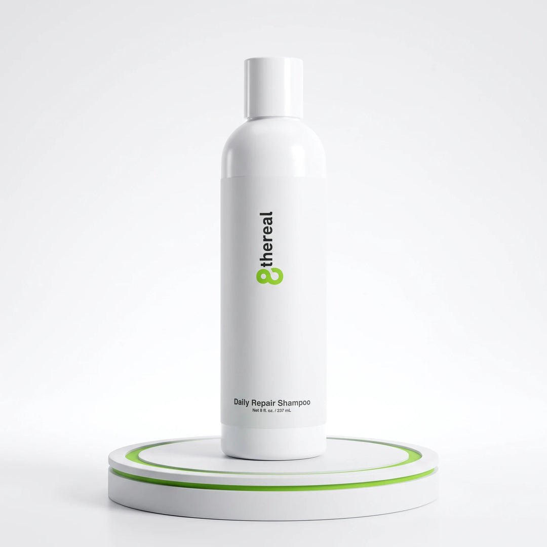 8thereal Daily Strengthening Repair Shampoo in a white bottle on a minimalist white and green circular display stand.