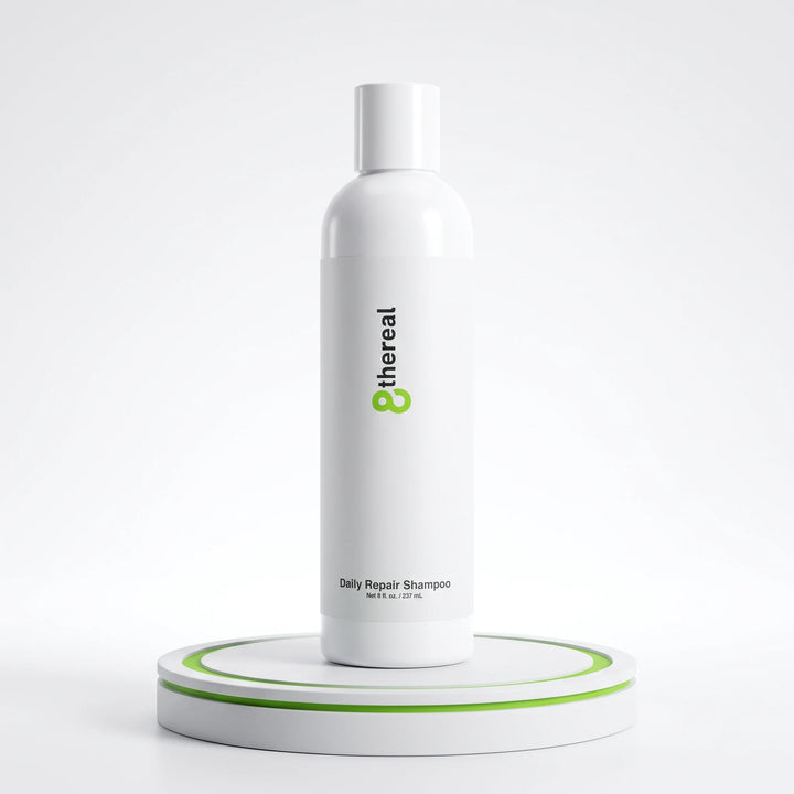 8thereal Daily Strengthening Repair Shampoo in a white bottle on a minimalist white and green circular display stand.