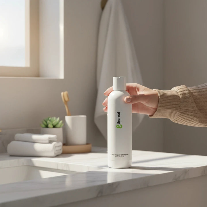8thereal Daily Strengthening Repair Shampoo bottle held in a hand on a bright, minimalist bathroom vanity.