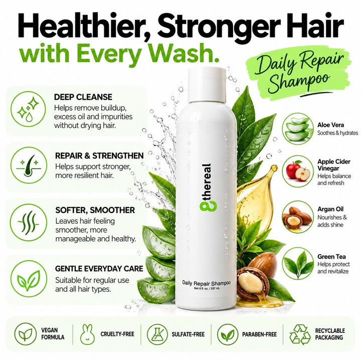 8thereal Daily Strengthening Repair Shampoo bottle with botanical ingredients like aloe vera, argan oil, and green tea.