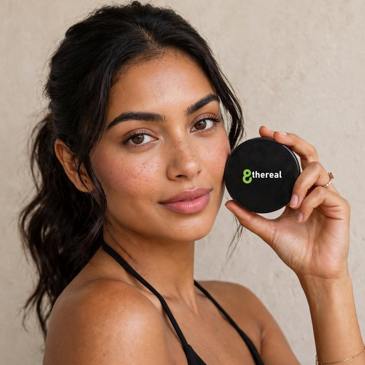 A woman holding an 8thereal Dual Blend Powder Foundation compact, showcasing a natural, soft-focus makeup finish.