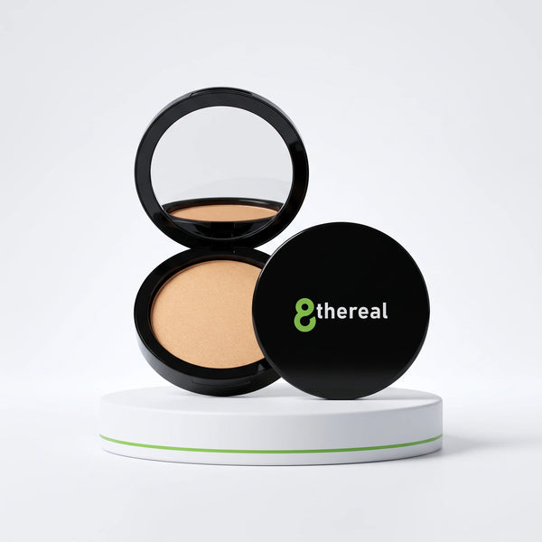 8thereal Dual Blend Powder Foundation in a black compact with a mirror, featuring a soft-focus matte finish.