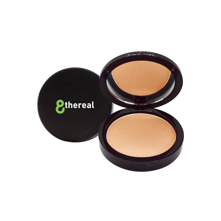 8thereal Dual Blend Powder Foundation in a sleek black compact with an open lid and mirror, showing a smooth beige shade.