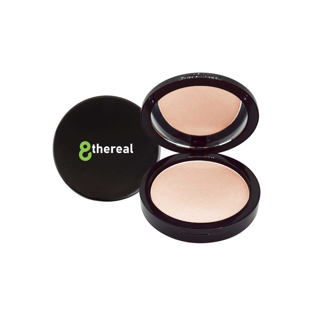 8thereal Dual Blend Powder Foundation in a sleek black compact with a soft-focus, talc-free beige powder finish.