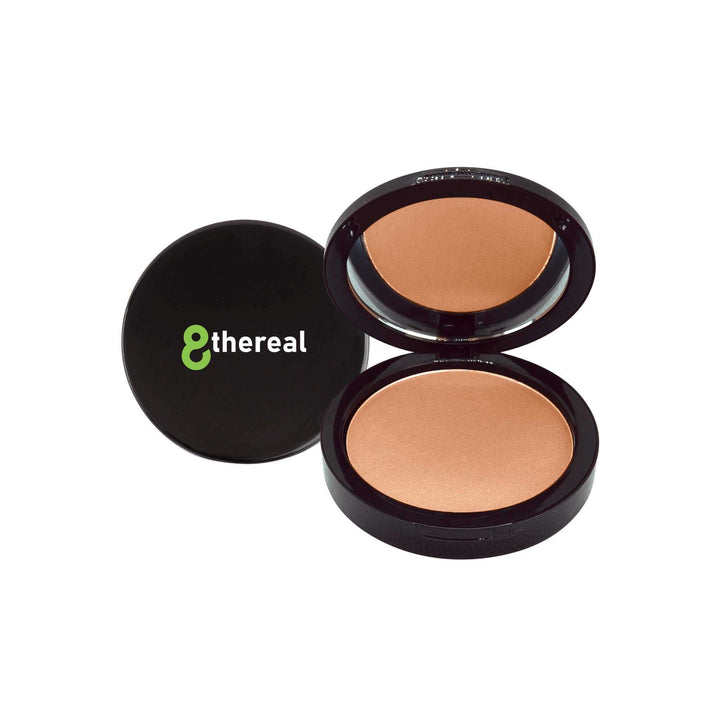 8thereal Dual Blend Powder Foundation in a sleek black compact with an open lid showing the mirror and powder pan.