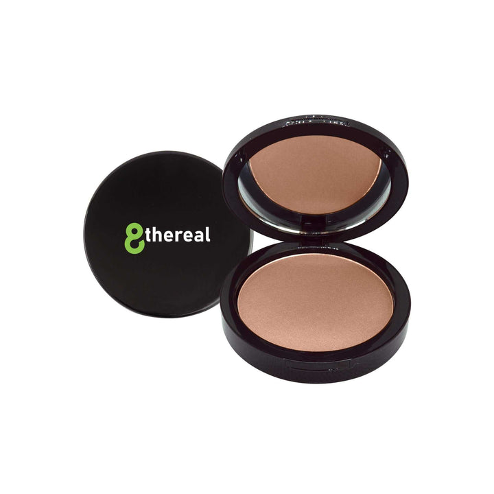 8thereal Dual Blend Powder Foundation in a sleek black compact with an open lid and mirror, showing a tan powder.
