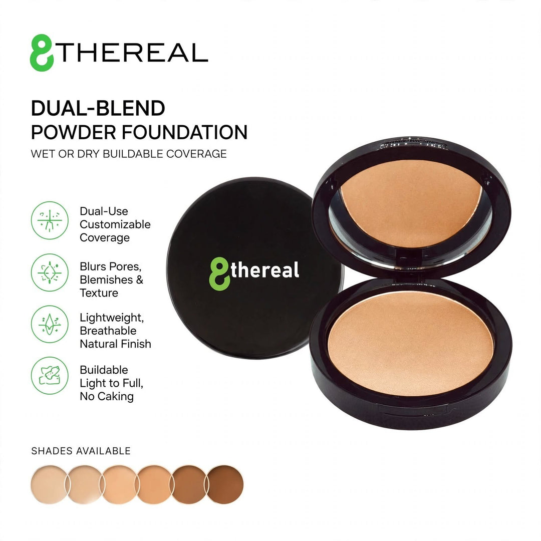 8thereal Dual Blend Powder Foundation in a black compact with mirror, featuring buildable coverage and soft finish.