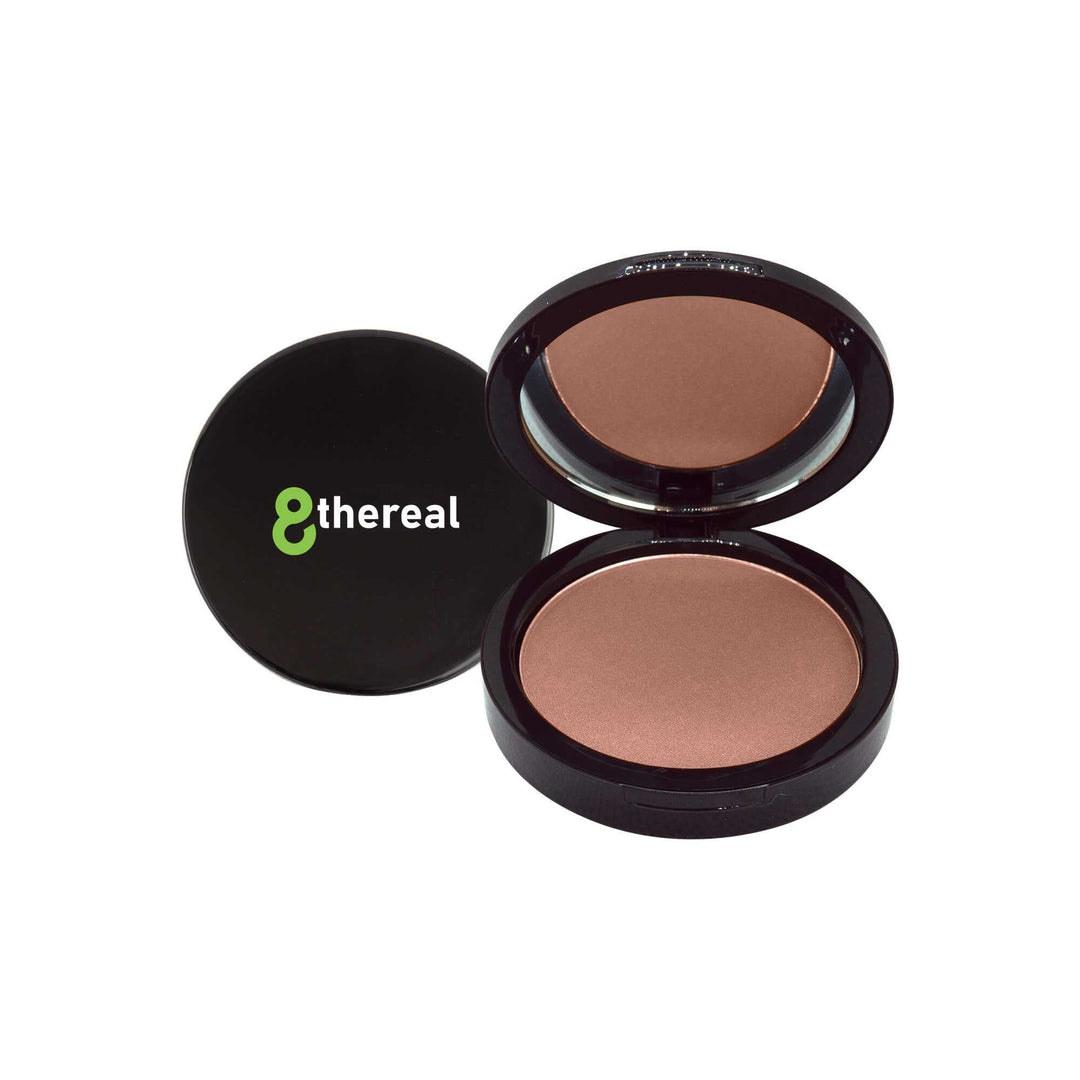 8thereal Dual Blend Powder Foundation in a sleek black compact with an open lid showing the pressed powder and mirror.
