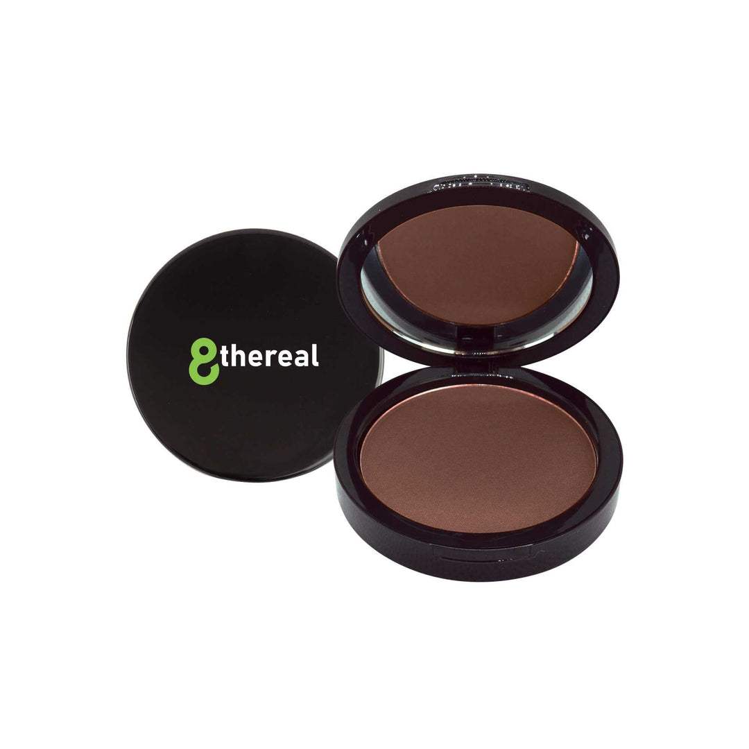 8thereal Dual Blend Powder Foundation in a dark shade with a compact mirror and black case.