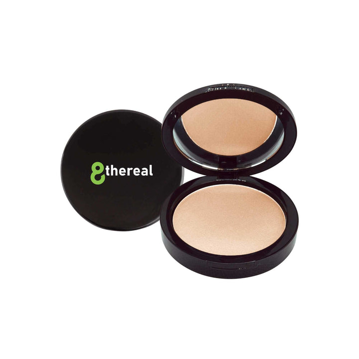 8thereal Dual Blend Powder Foundation in a sleek black compact with an open lid and mirror, showing the pressed powder.