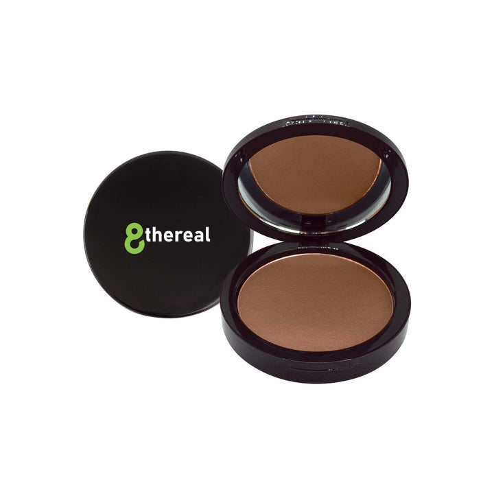 8thereal Dual Blend Powder Foundation in a dark brown compact with a mirror and logo on the lid.