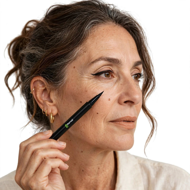 8thereal dual tip eye definer pen in black held by a woman showing precise winged eyeliner application