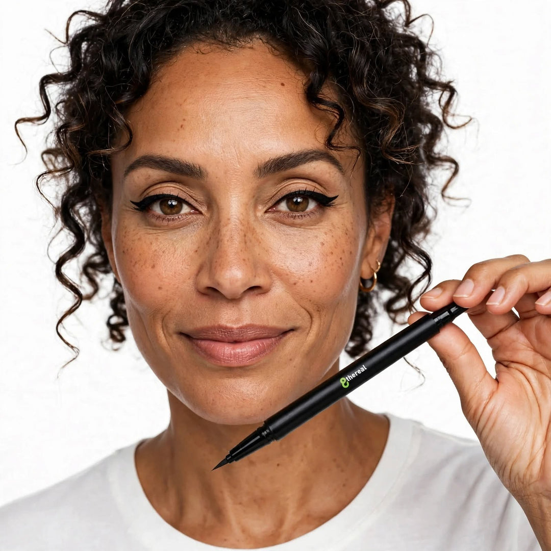 A woman with curly hair wearing 8thereal Dual Tip Eye Definer Pen in jet-black for a precise winged eyeliner look.