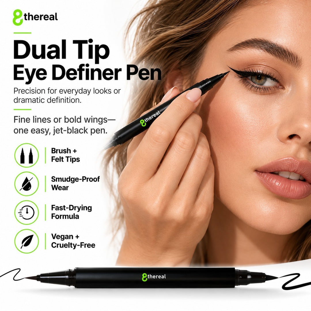 8thereal Dual Tip Eye Definer Pen being applied by a model to create a sharp, jet-black winged eyeliner look.
