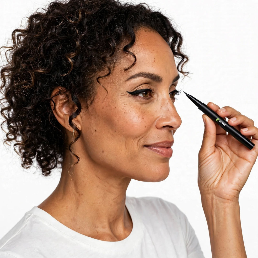 8thereal dual tip eye definer pen being applied by a woman with curly hair to create a precise black winged eyeliner