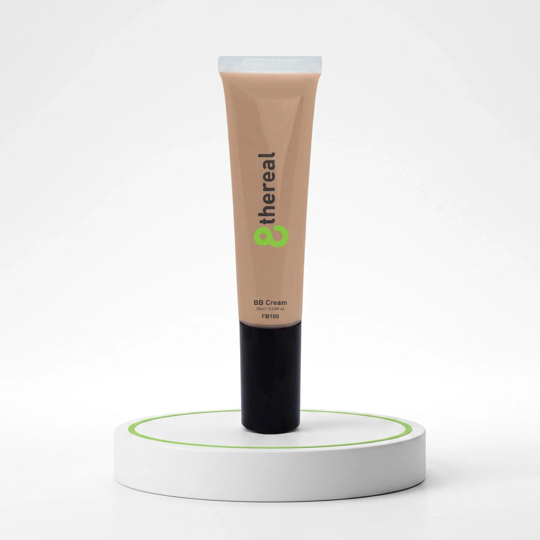 8thereal Everyday Glow BB Cream in a beige squeeze tube standing upright on a white circular display stand.