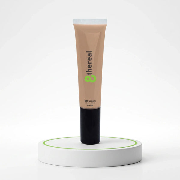8thereal Everyday Glow BB Cream in a beige squeeze tube standing upright on a white circular display stand.