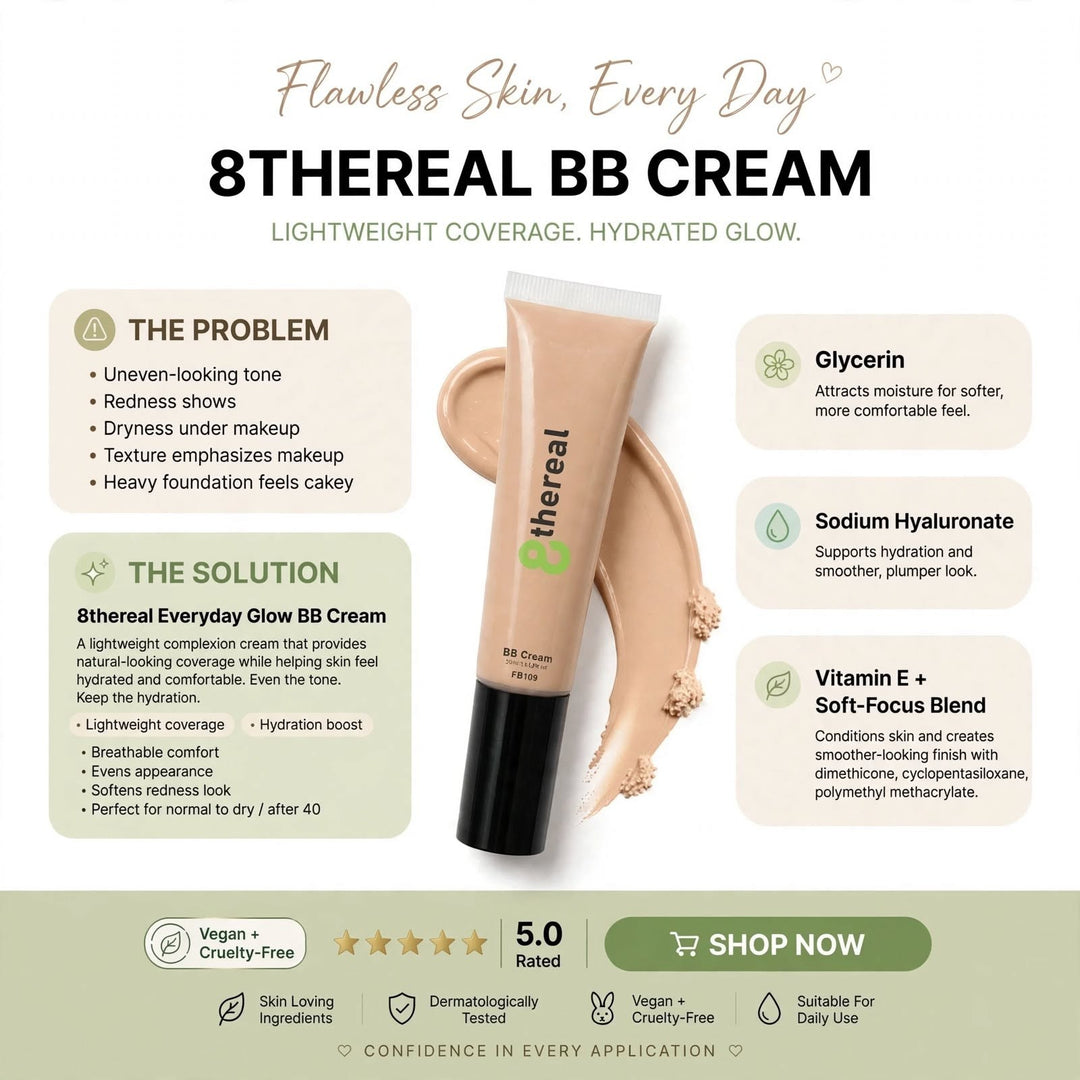 8thereal Everyday Glow BB Cream in a squeeze tube with a swatch of the hydrating, lightweight formula.