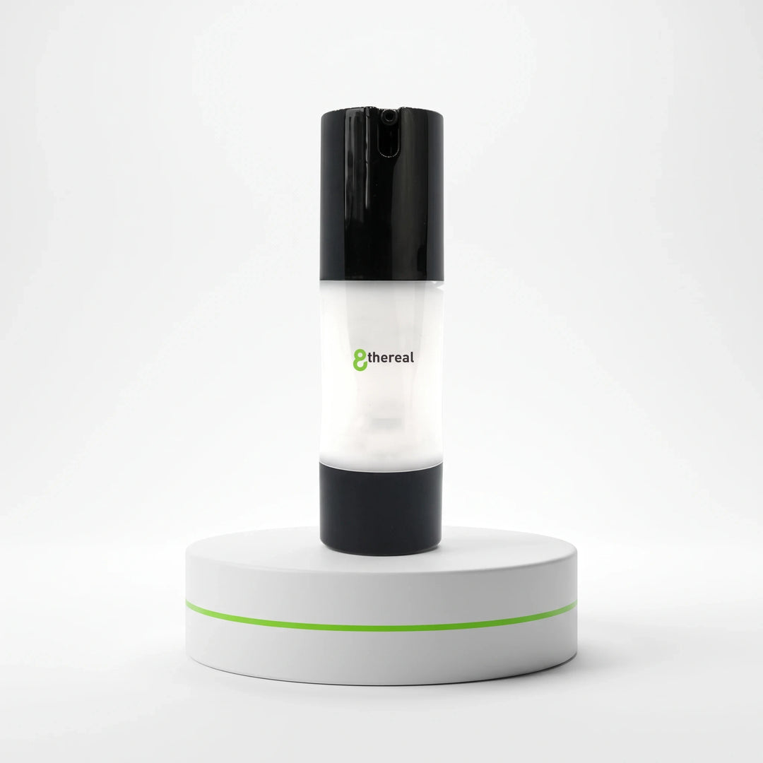 8thereal Extreme Moisture Blend face cream in a sleek black and white pump bottle on a white display stand.