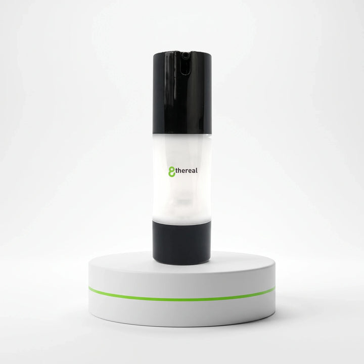 8thereal Extreme Moisture Blend face cream in a sleek black and white pump bottle on a white display stand.