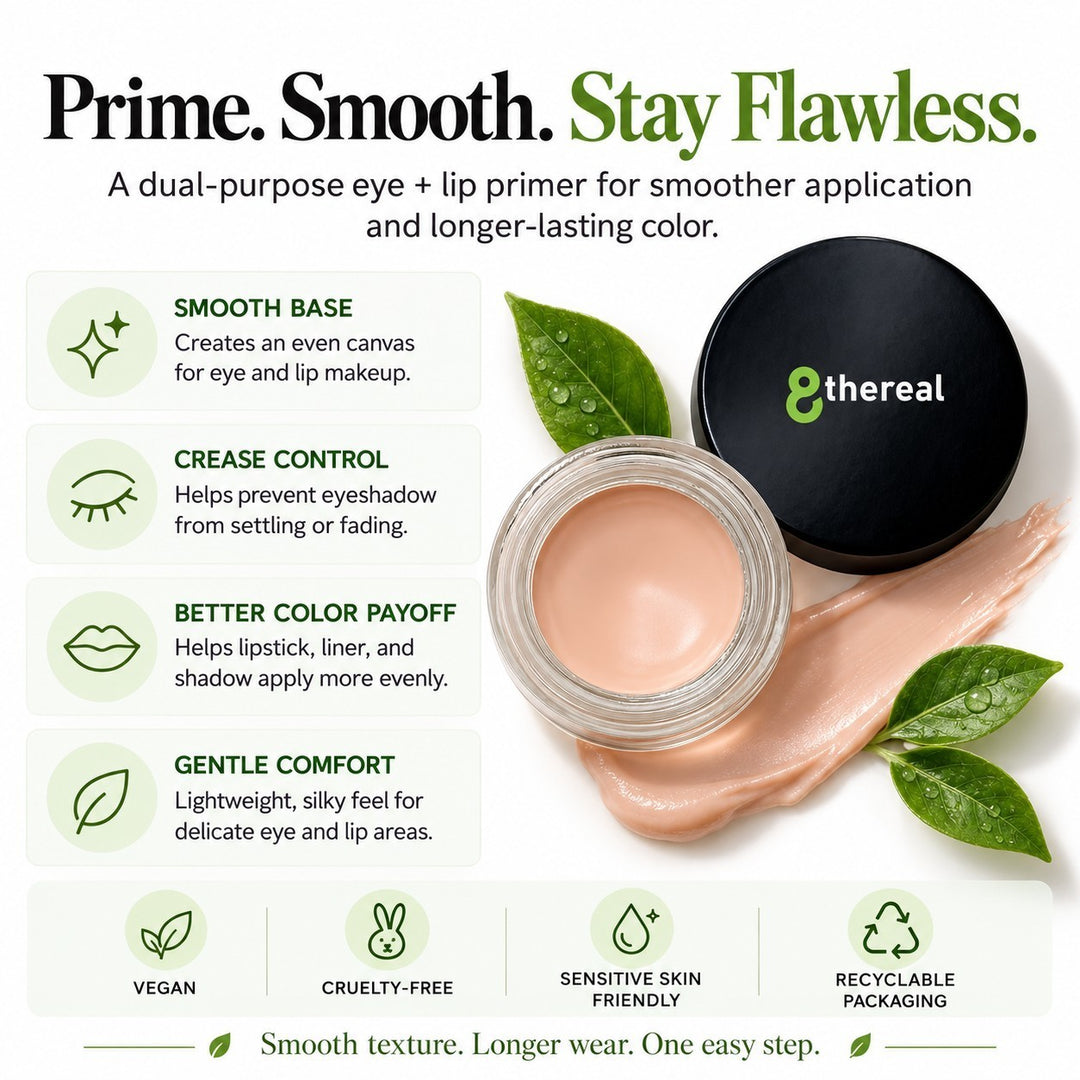 8thereal smoothing eye and lip primer in a glass jar with a creamy texture, featuring benefits and vegan icons.