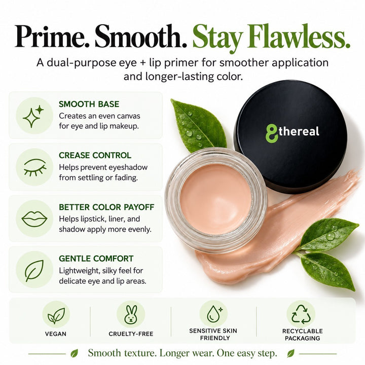 8thereal smoothing eye and lip primer in a glass jar with a creamy texture, featuring benefits and vegan icons.