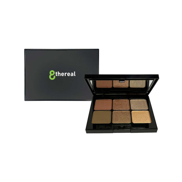 8thereal 6-shade eyeshadow palette with a mix of matte and shimmer neutral tones in a sleek black compact case.