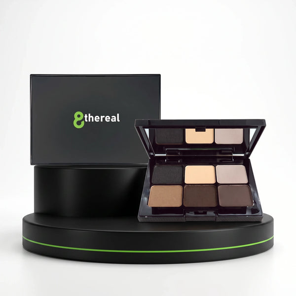8thereal 6-shade eyeshadow palette featuring neutral matte and shimmer powders in a sleek black compact on a display.