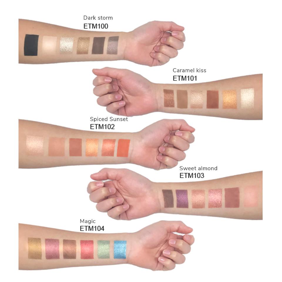 8thereal eyeshadow palette swatches on skin showing five different color collections with matte and shimmer finishes
