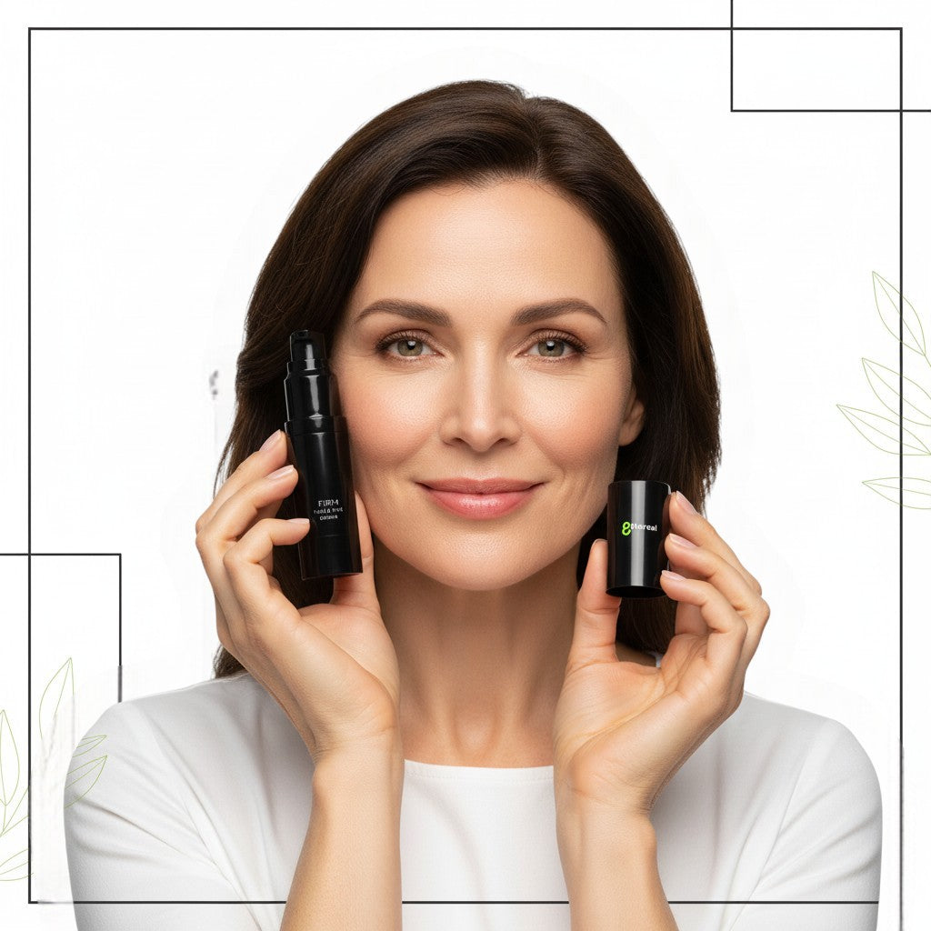 A woman holding an 8thereal firming face and eye serum bottle and cap, showcasing the sleek black packaging.