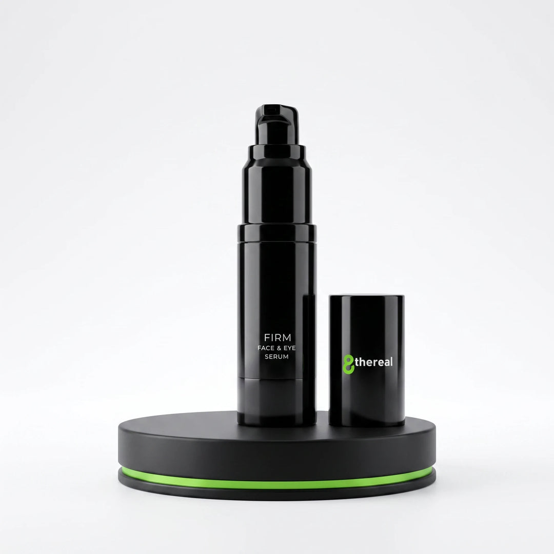 8thereal Firming Face & Eye Comfort Serum in a sleek black pump bottle with a matching cap on a black display stand.