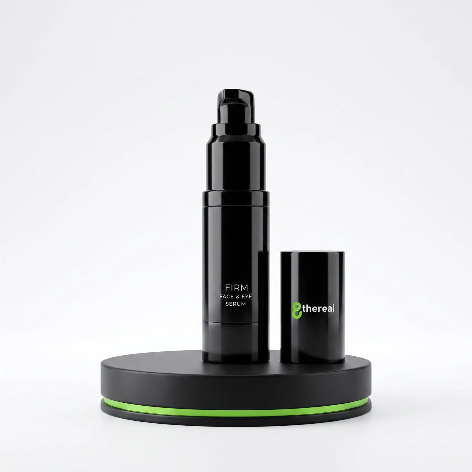 8thereal Firming Face & Eye Comfort Serum in a sleek black pump bottle with a matching cap on a black display stand.