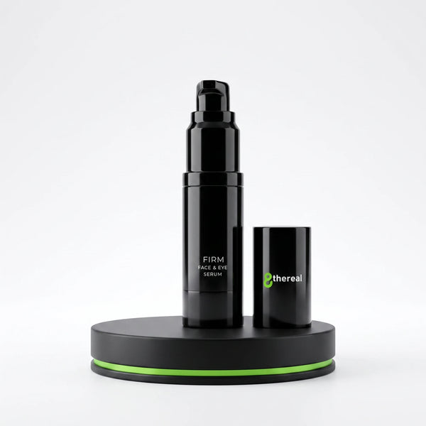 8thereal Firming Face & Eye Comfort Serum in a sleek black pump bottle with a matching cap on a black display stand.