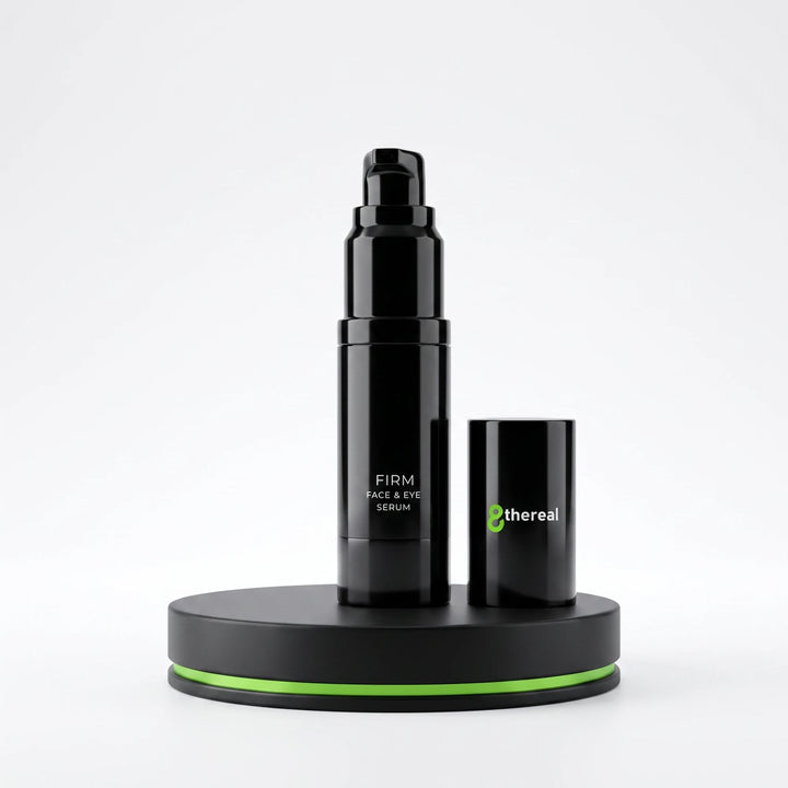 8thereal Firming Face & Eye Comfort Serum in a sleek black pump bottle with a matching cap on a black display stand.