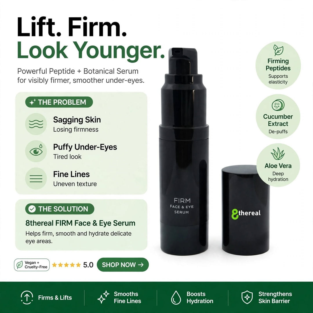 8thereal Firming Face & Eye Comfort Serum in a black pump bottle with key ingredient benefits listed on the side.