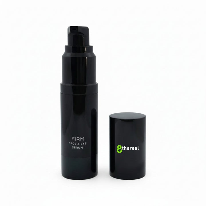 8thereal Firming Face & Eye Comfort Serum in a sleek black pump bottle with a matching cap on a white background.