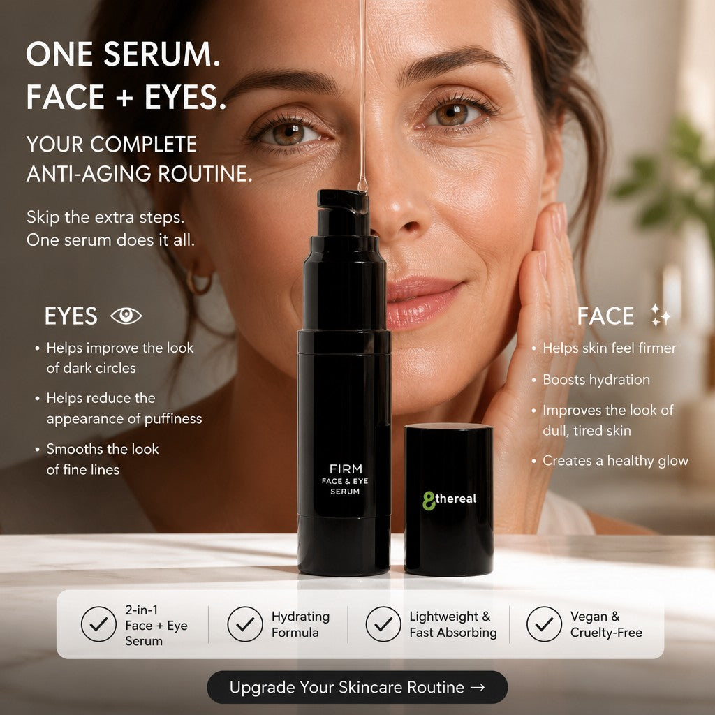 8thereal Firming Face & Eye Comfort Serum bottle with pump, featuring anti-aging benefits for skin and eye areas.