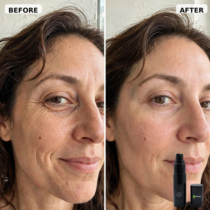 8thereal Firming Face & Eye Comfort Serum before and after results showing reduced fine lines and smoother skin texture