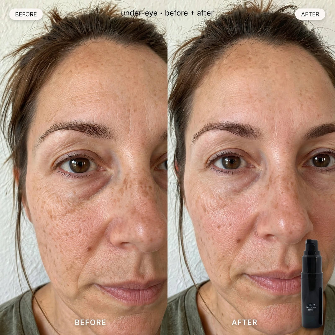 8thereal Firming Face & Eye Comfort Serum before and after results showing reduced under-eye puffiness and smoother skin