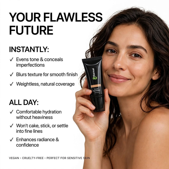 8thereal Skin-First Full Coverage Foundation held by a smiling woman, showing natural finish and skin benefits.