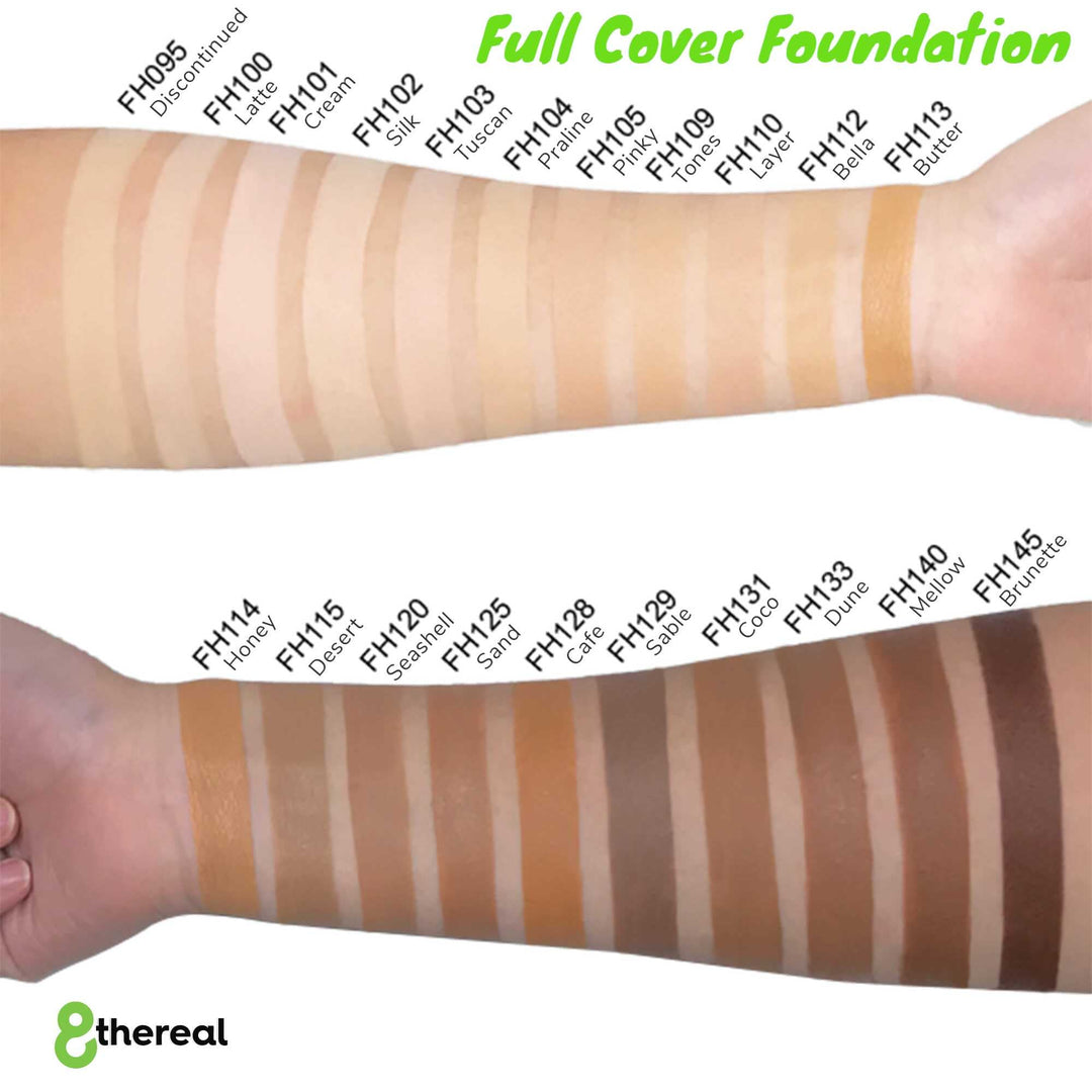 8thereal Skin-First Full Coverage Foundation swatches on two arms showing a wide range of shades from light to deep.