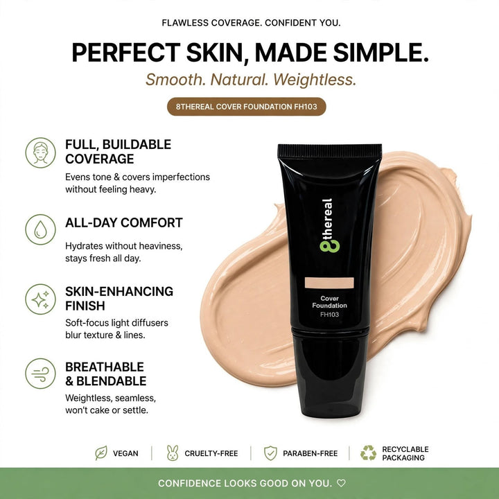 8thereal Skin-First Full Coverage Foundation in a black tube with a creamy beige swatch on a white background.