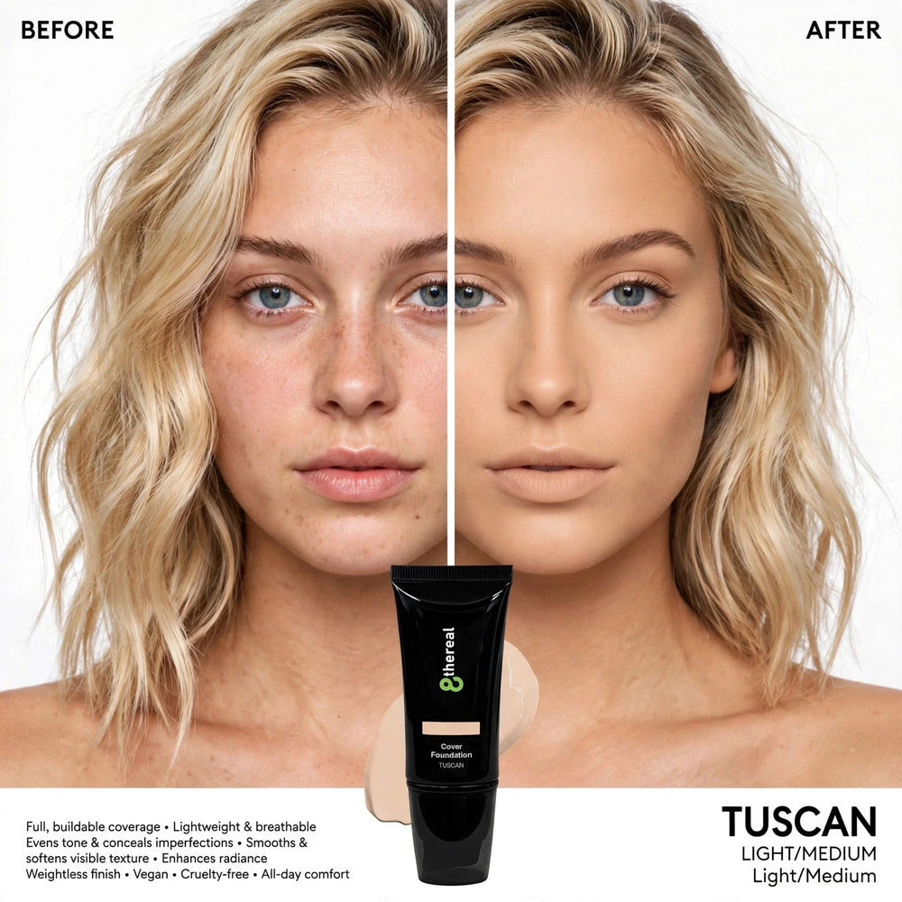 8thereal Skin-First Full Coverage Foundation in Tuscan shade showing before and after results on a woman's face.