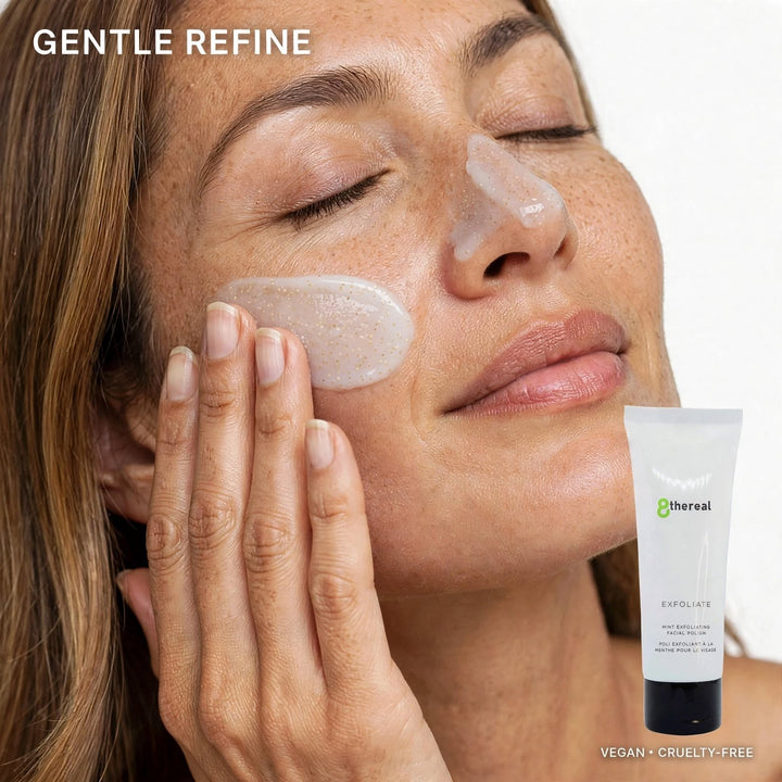 8thereal Gentle Refining Facial Polish applied to a woman's cheek, showing the silky, exfoliating scrub texture.