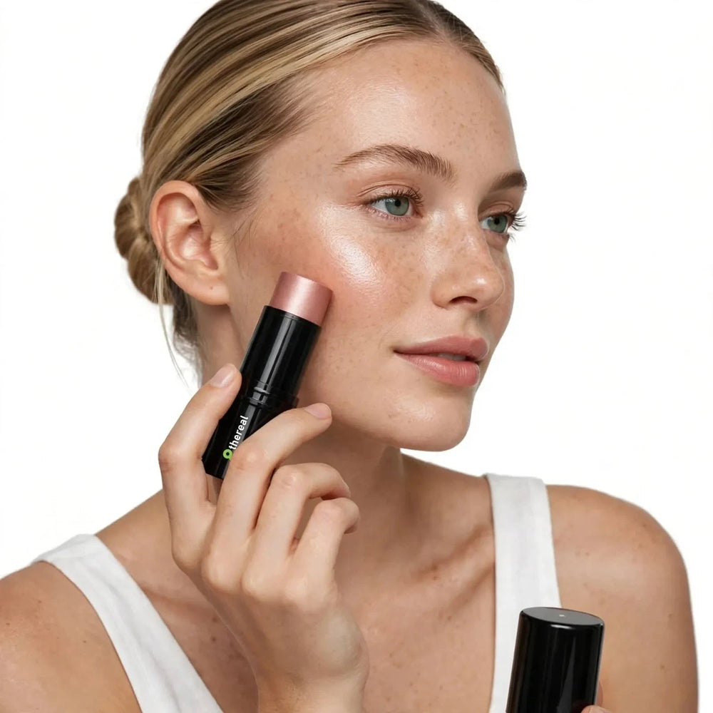 Model applying 8thereal glow-enhancing highlight stick to cheekbone for a radiant, dewy, and luminous finish.