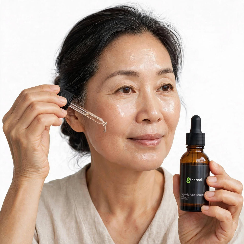 A woman applying 8thereal Glycolic Acid Serum with a dropper to her face, showcasing the product bottle and texture.