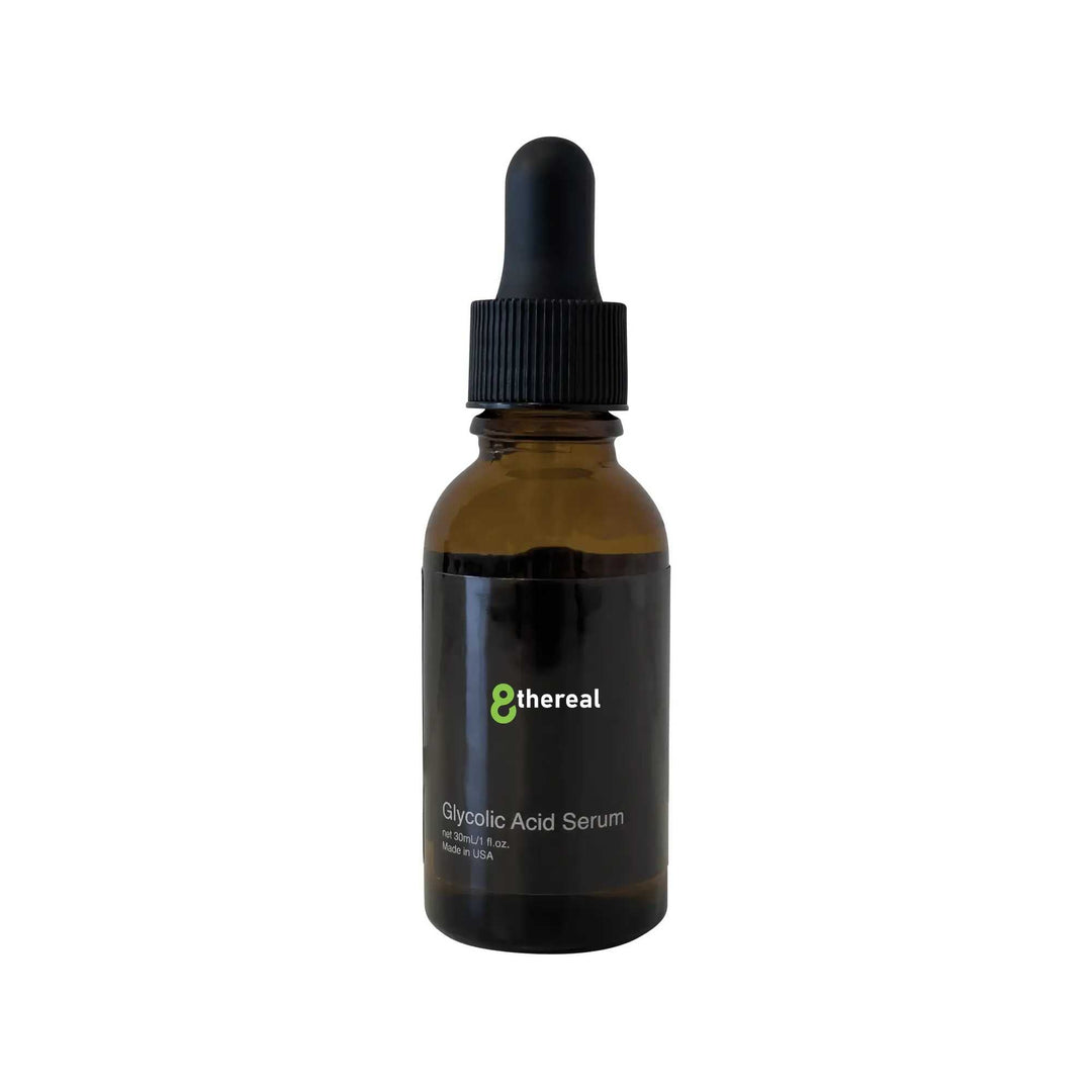 8thereal glycolic acid serum in a brown glass dropper bottle for skin exfoliation and brightening